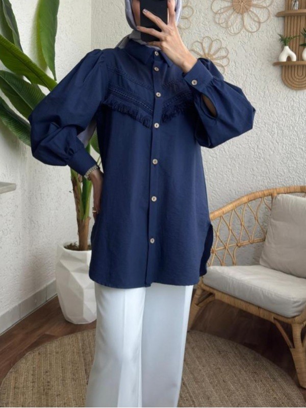 Güpür Püsküllü Ham Cupra Balon Kol Gömlek -İndigo