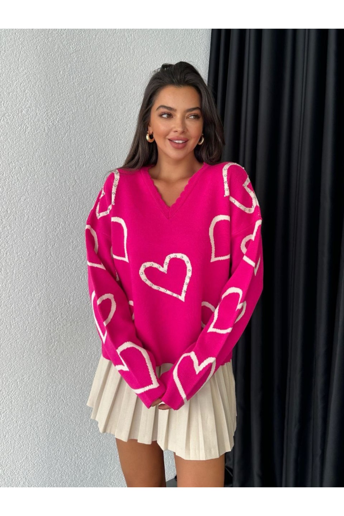V Yaka Taşlı Triko Kazak -Fuşya
