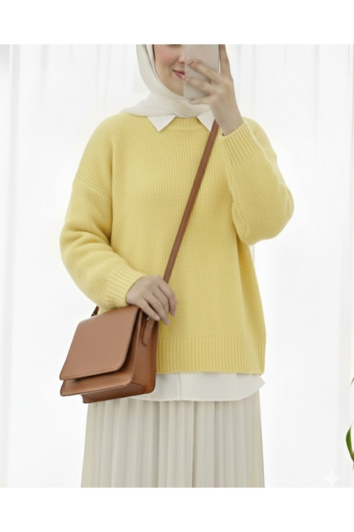 Bisiklet Yaka Eteği Fitilli Salaş Triko Kazak       -Sarı