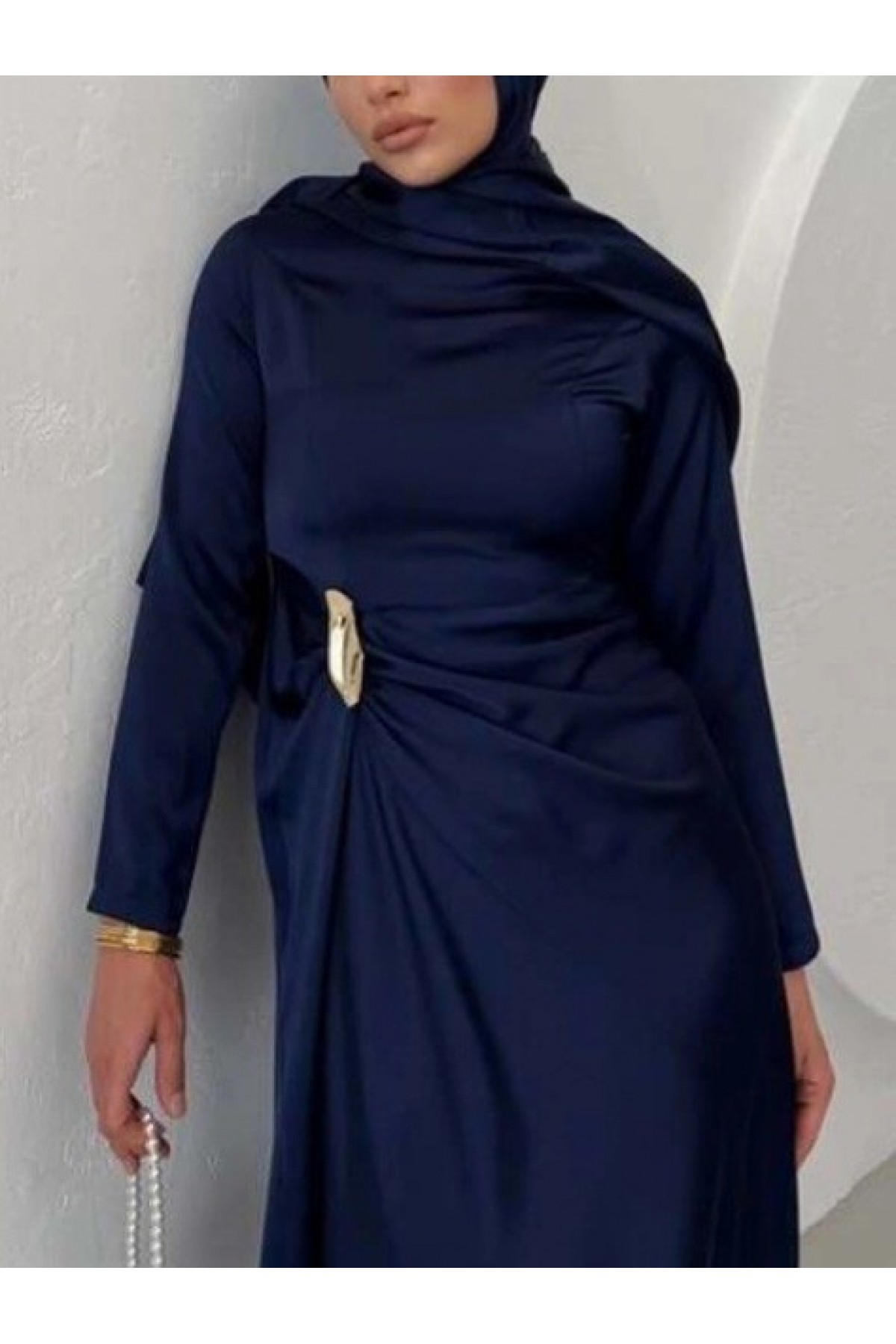 Beli Drapeli Düz Saten Elbise  -Laci