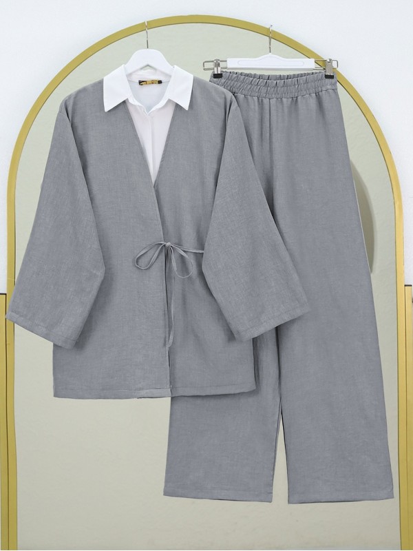 Önden Bağlamalı Pantolonlu Kimono Takım   -Gri
