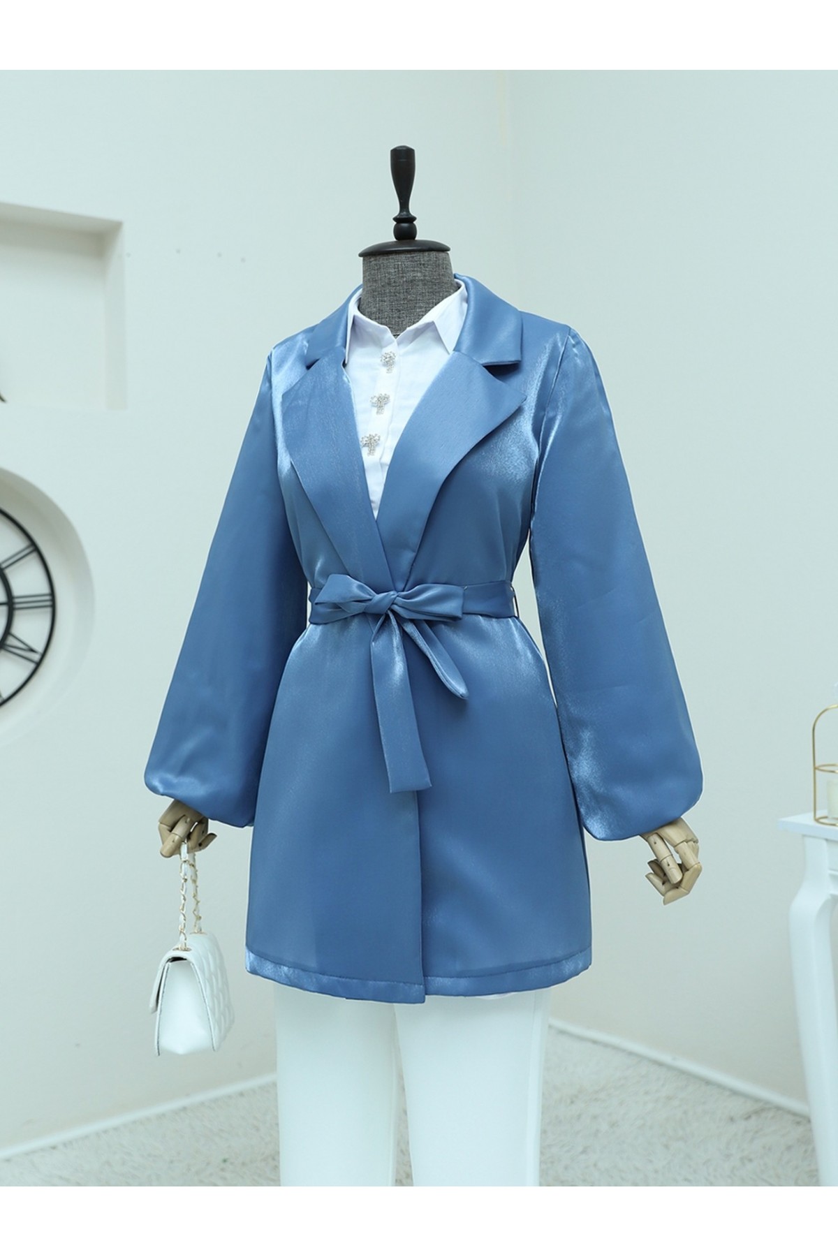 Kolları Volanlı Bağcıklı Saten Ceket -İndigo