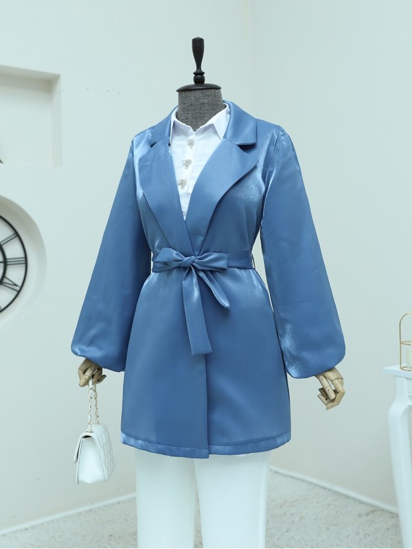Kolları Volanlı Bağcıklı Saten Ceket -İndigo