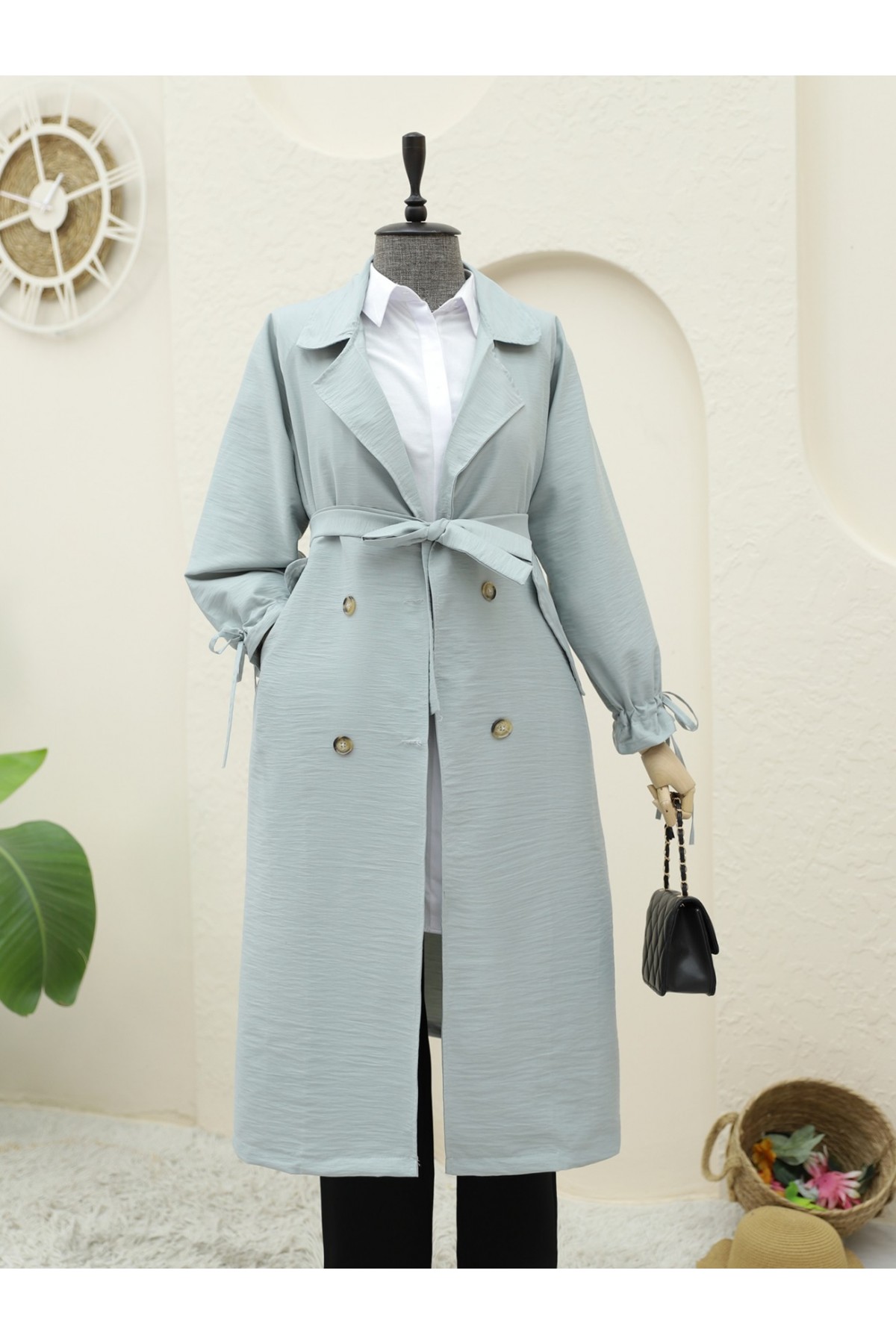 Kolu Manşeti Bağcıklı Kemerli Kap -Su Yeşili