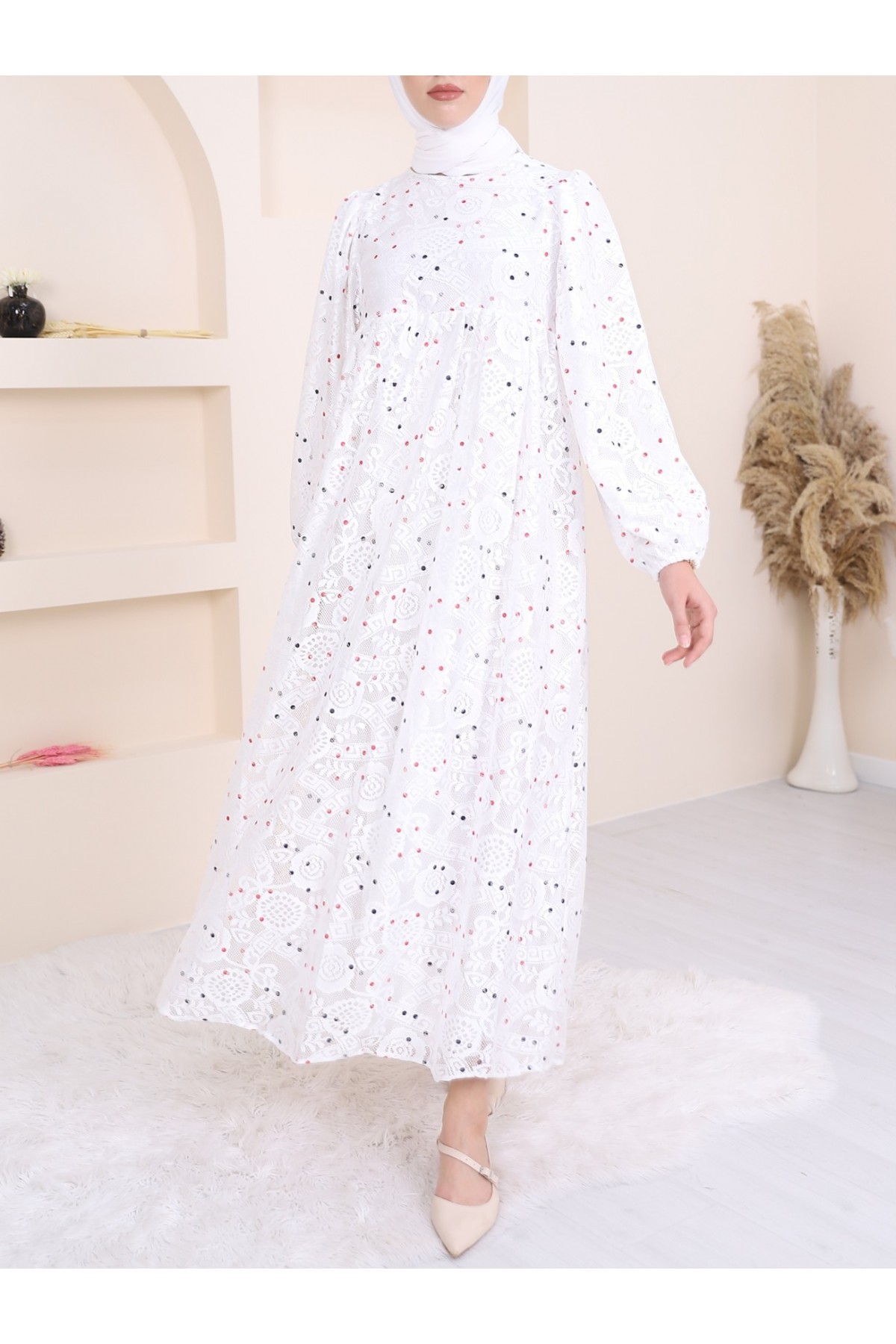 Renkli Puantiyeli Astarlı Tül Elbise -Beyaz