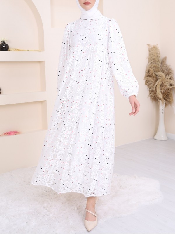 Renkli Puantiyeli Astarlı Tül Elbise -Beyaz