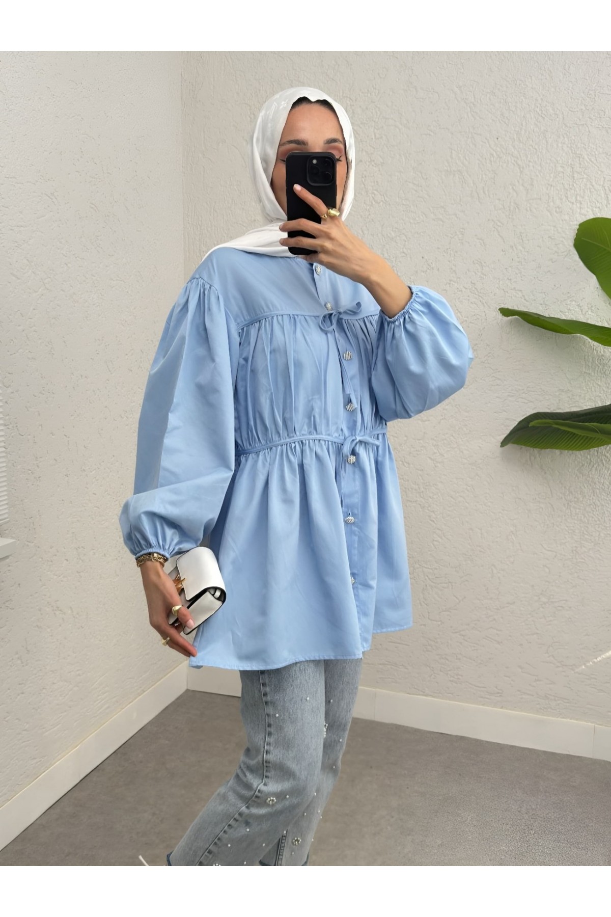 Taşlı Düğmeli Kolu Lastikli Bağlama Detaylı Gömlek -Bebe Mavi