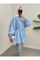 Taşlı Düğmeli Kolu Lastikli Bağlama Detaylı Gömlek -Bebe Mavi