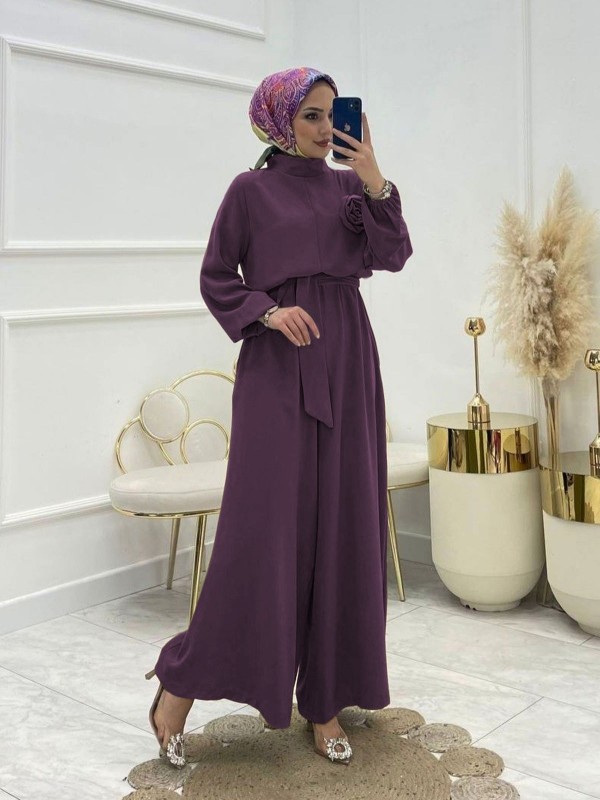 Dik Yaka Kemerli Güllü Tulum -Mor