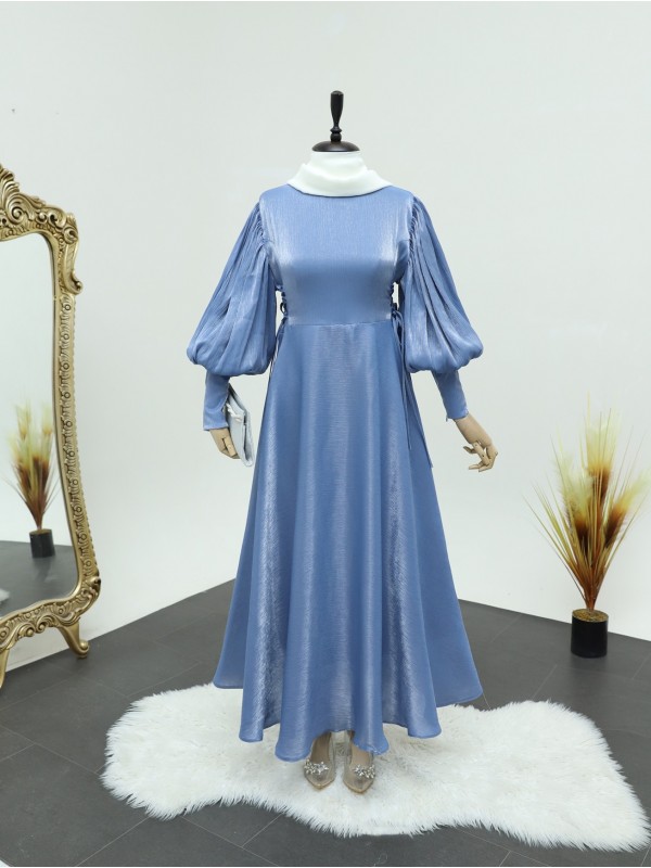 Yanları Bağlamalı Balon Kol Jakarlı Abiye -Bebe Mavi