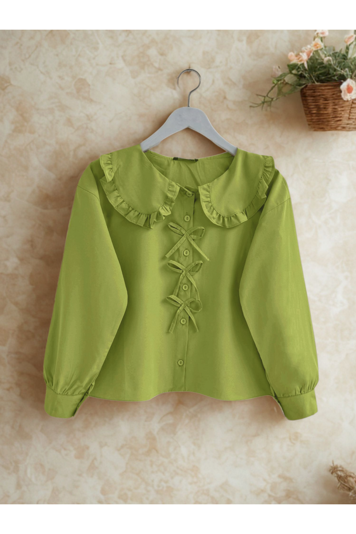 Bebe Yaka Kurdele Detaylı Gömlek  -F.Yeşili