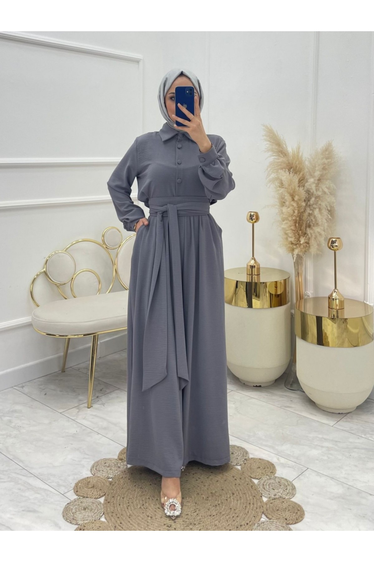 Yarım Düğmeli Kemerli Beli Lastikli Tulum -Gri