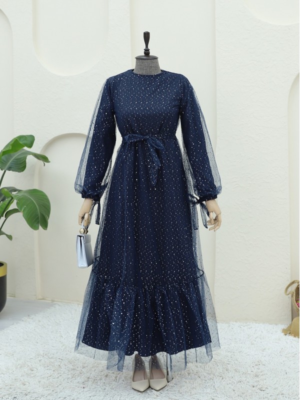 Serpme Pul Detaylı Kolu Bağcıklı Tül Elbise -Laci