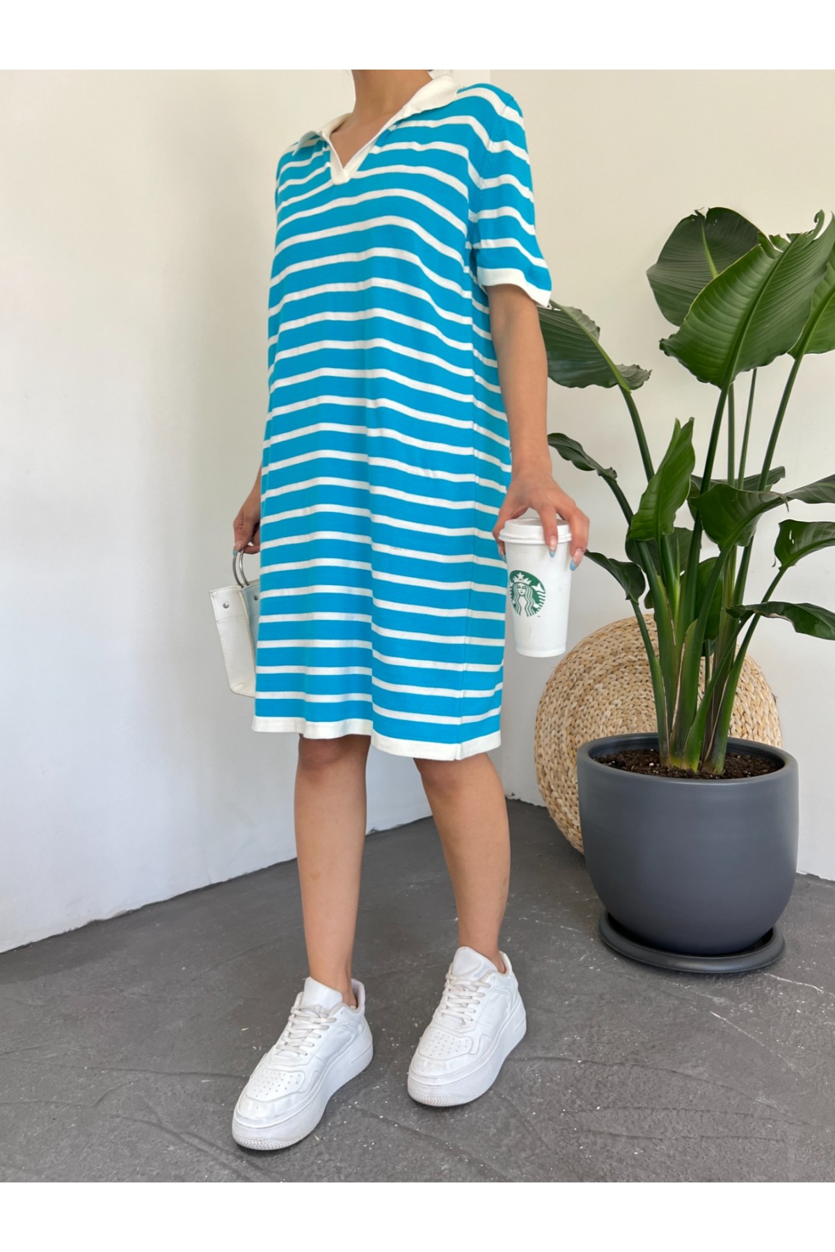 Polo Yaka Çizgili Triko Mini Elbise -Mavi