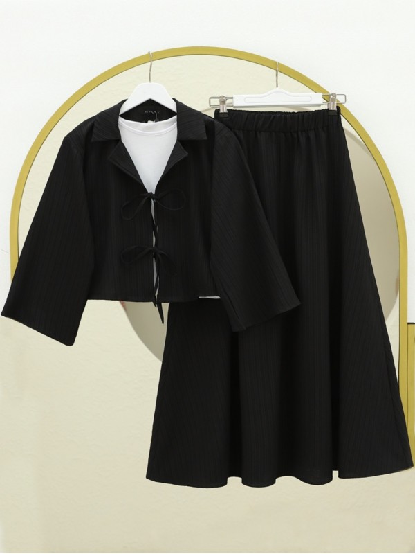 Önü Bağlamalı Etekli Krinkıl Takım  -Siyah