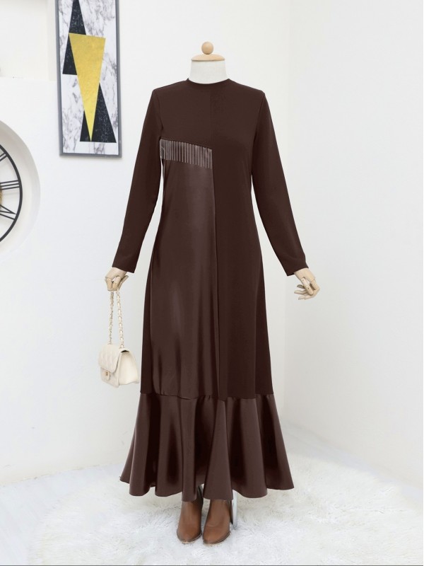 Deri Detaylı Metal Zincirli Elbise  -Kahve