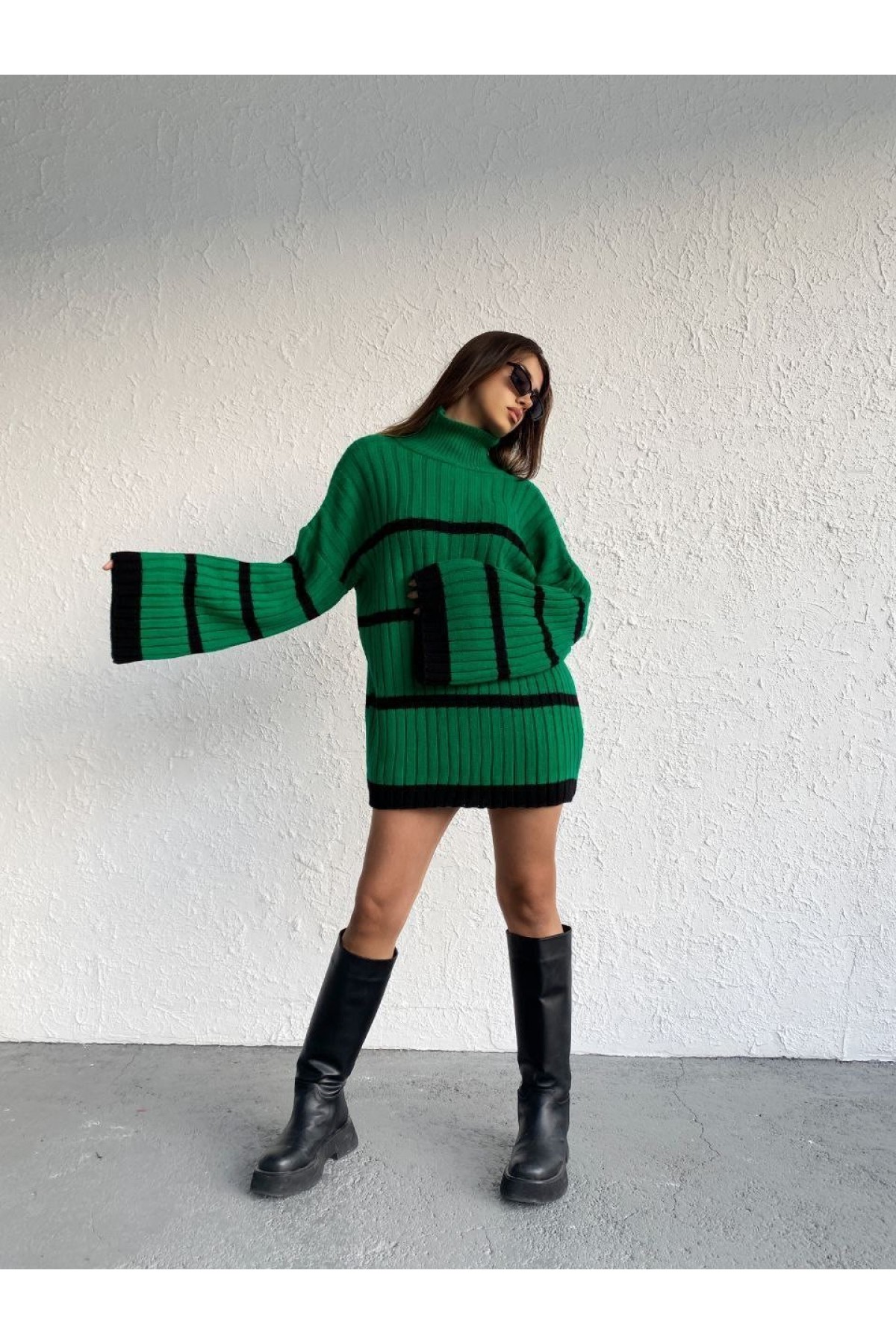 Salaş Kollu Çizgili Triko Kazak  -Orman Yş.