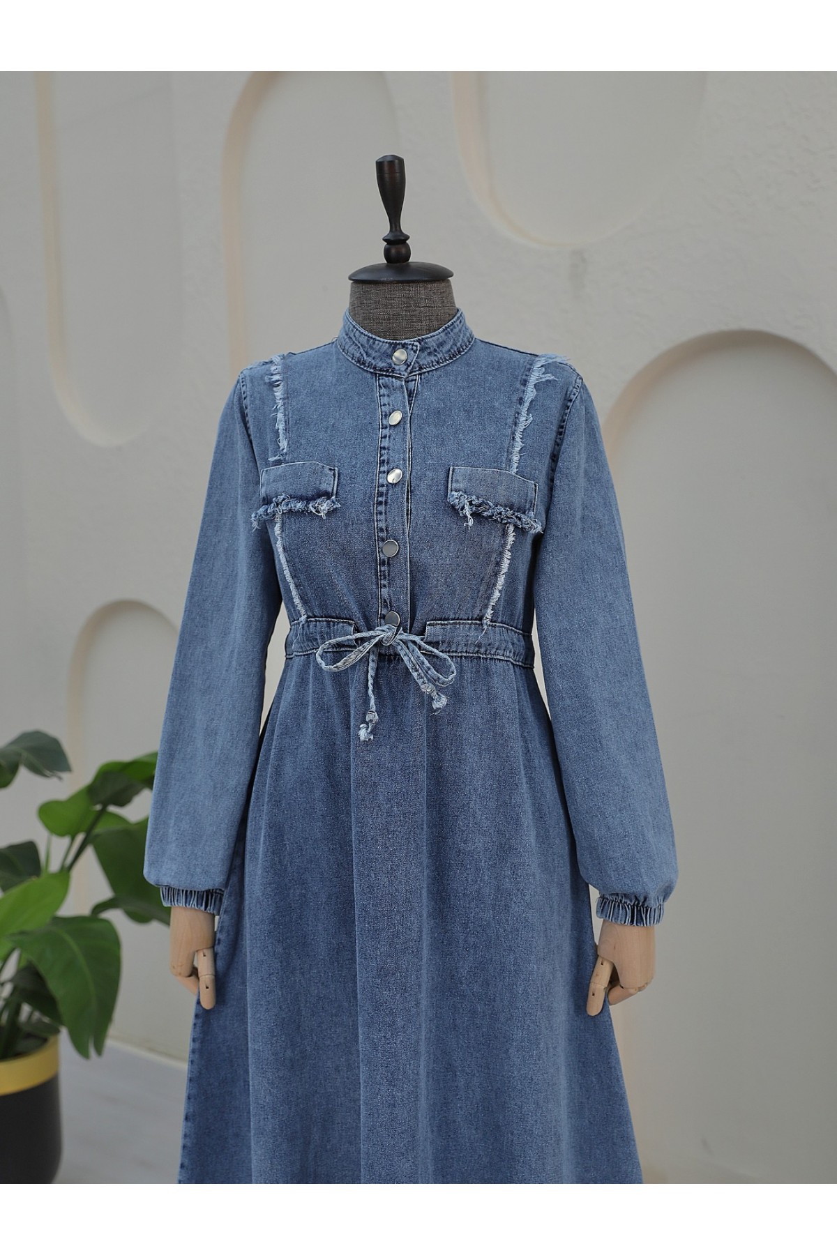 Eteği Püsküllü Tünel Bağcıklı Kot Elbise -Buz Mavi