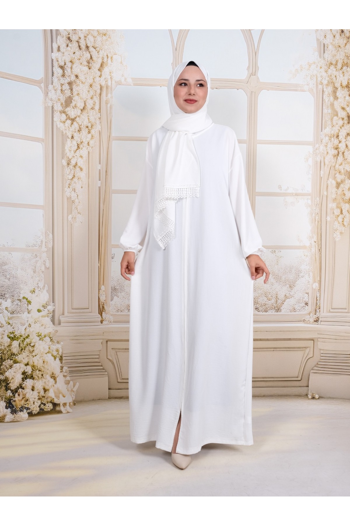 Kendinden Şallı Boydan Fermuarlı İthal Krep Namazlık -Beyaz