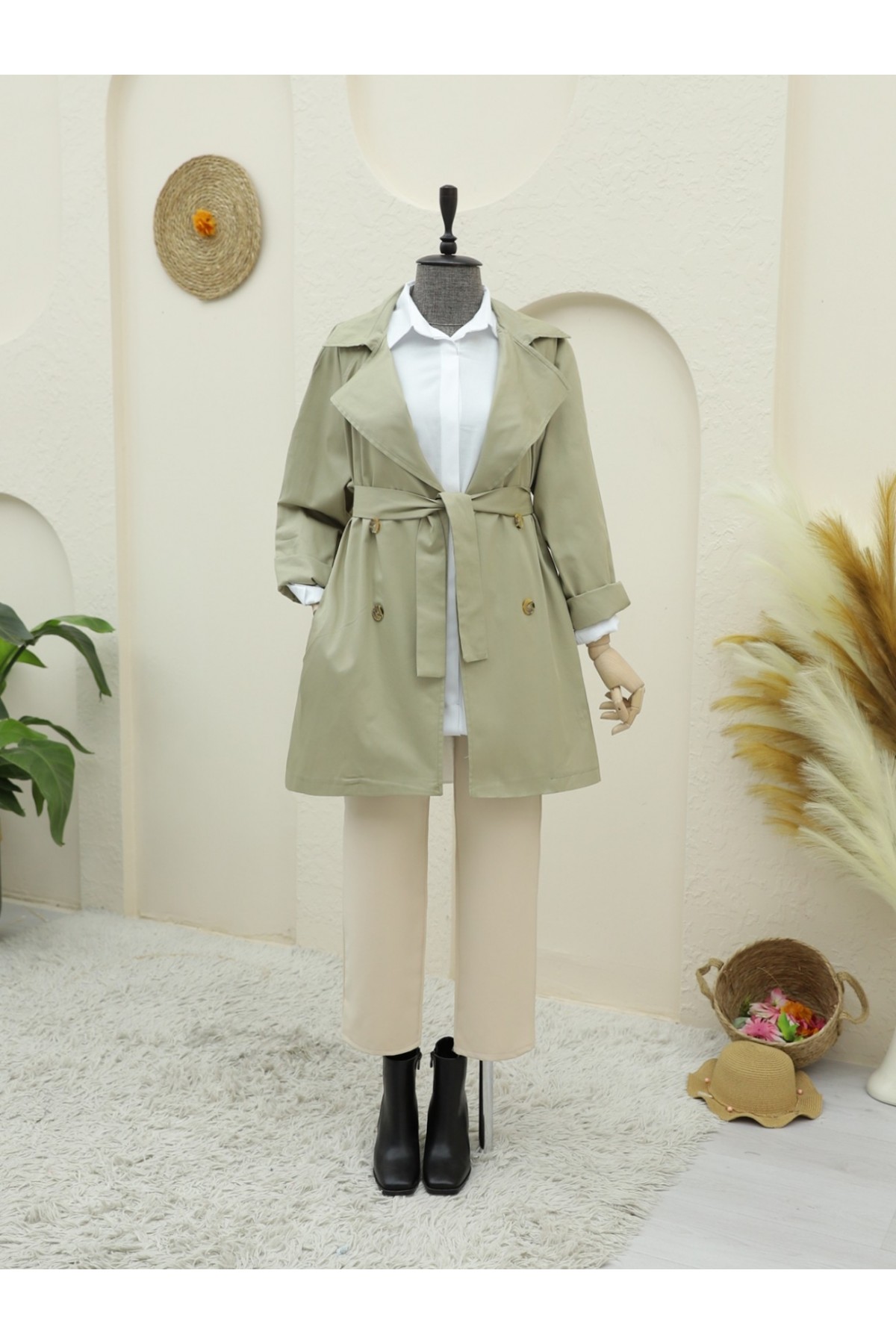 Bolero Detaylı Düğmeli Ara Boy Trençkot -Taş