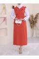 Yakası V Kemerli Uzun Jile Elbise      -Nar Çiçeği