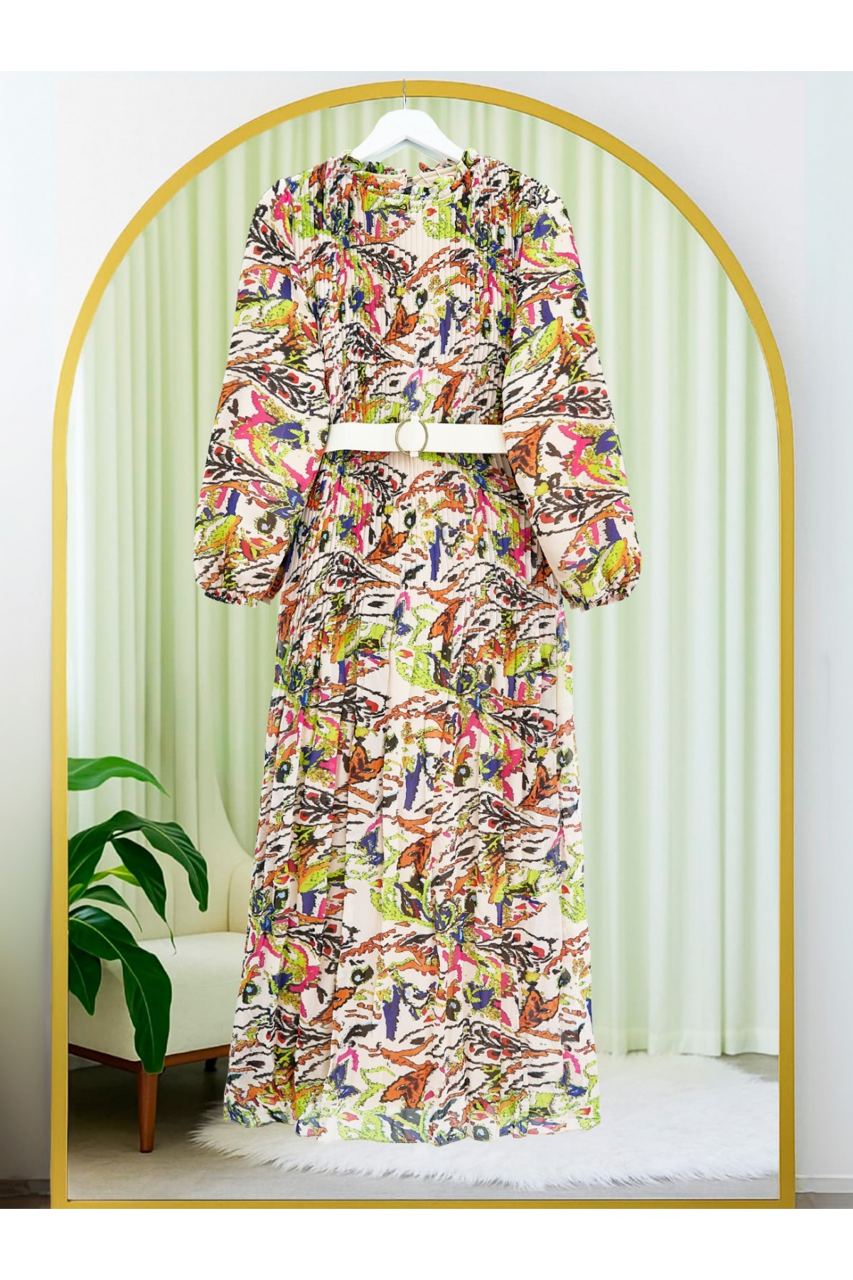 Önü Pileli Kemerli Şifon Elbise -Somon