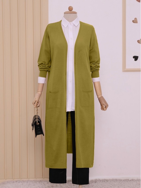 Cepli Tesettür Uzun Hırka  -Yağ Yeşili