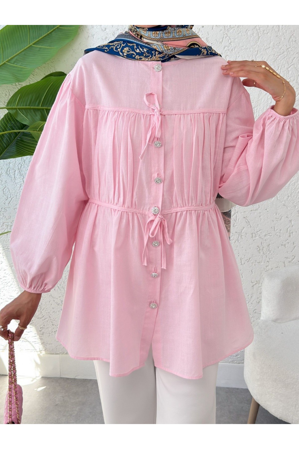 Taşlı Düğmeli Kolu Lastikli Bağlama Detaylı Gömlek  -Pembe