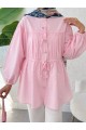 Taşlı Düğmeli Kolu Lastikli Bağlama Detaylı Gömlek  -Pembe