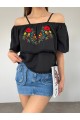 Gül Nakışlı Güpürlü İp Askılı Tişort -Siyah