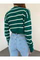İnce Çizgili Crop Triko Kazak -Zümrüt