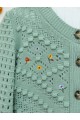 Çiçek Nakışlı Ponponlu Ajurlu Triko Hırka -Su Yeşili
