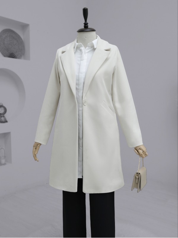 Tek Düğmeli Astarlı Kışlık Kaşe Kaban   -Krem