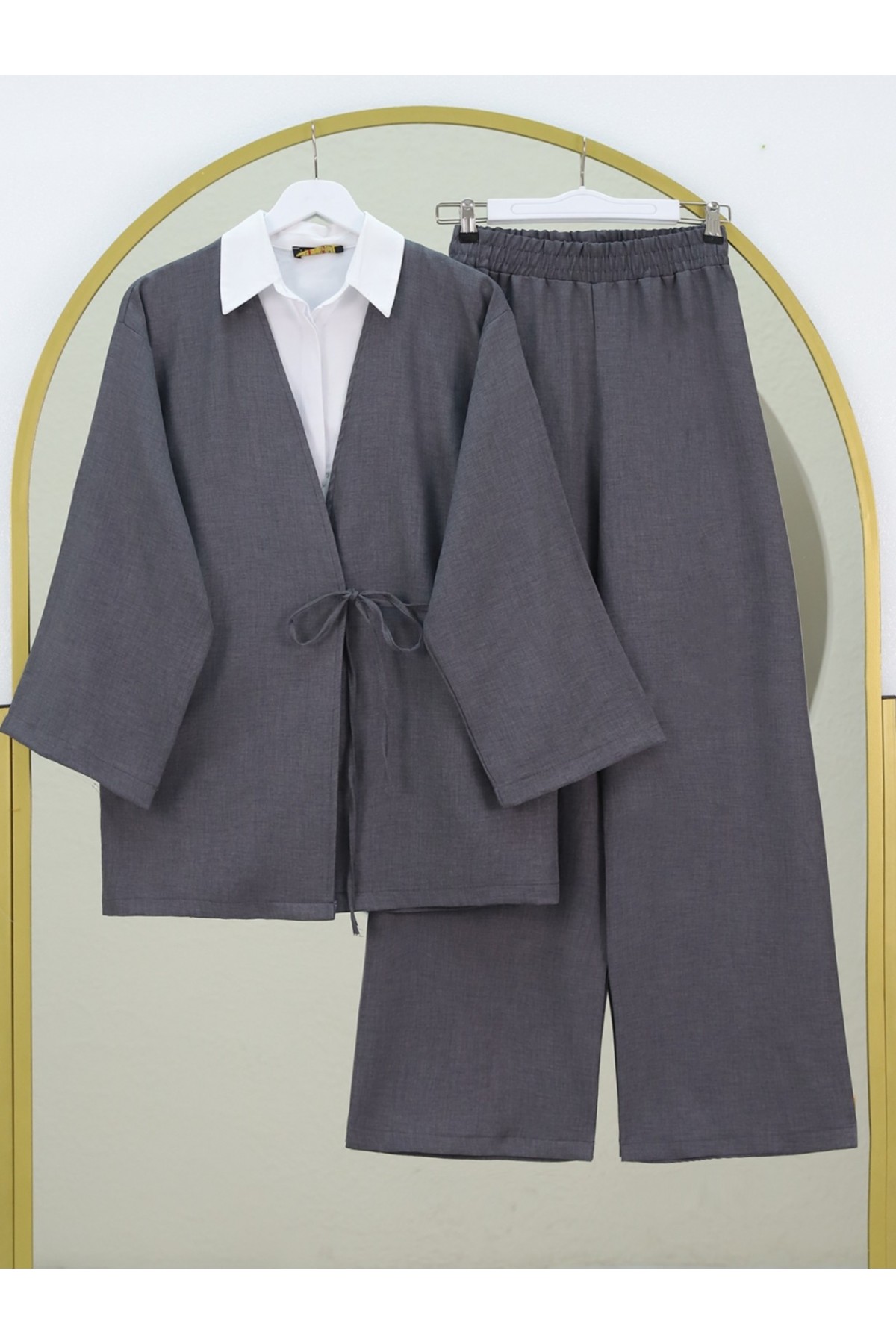 Önden Bağlamalı Pantolonlu Kimono Takım   -Füme