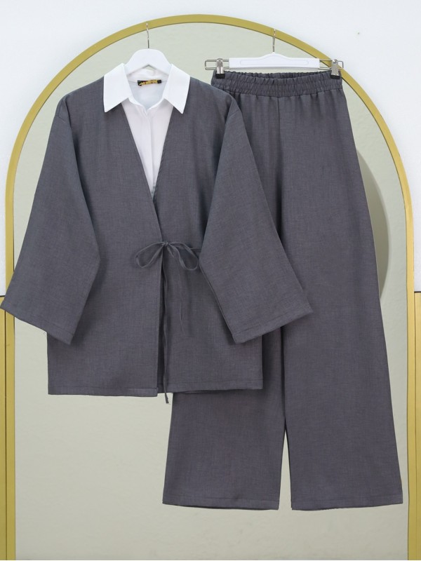 Önden Bağlamalı Pantolonlu Kimono Takım   -Füme