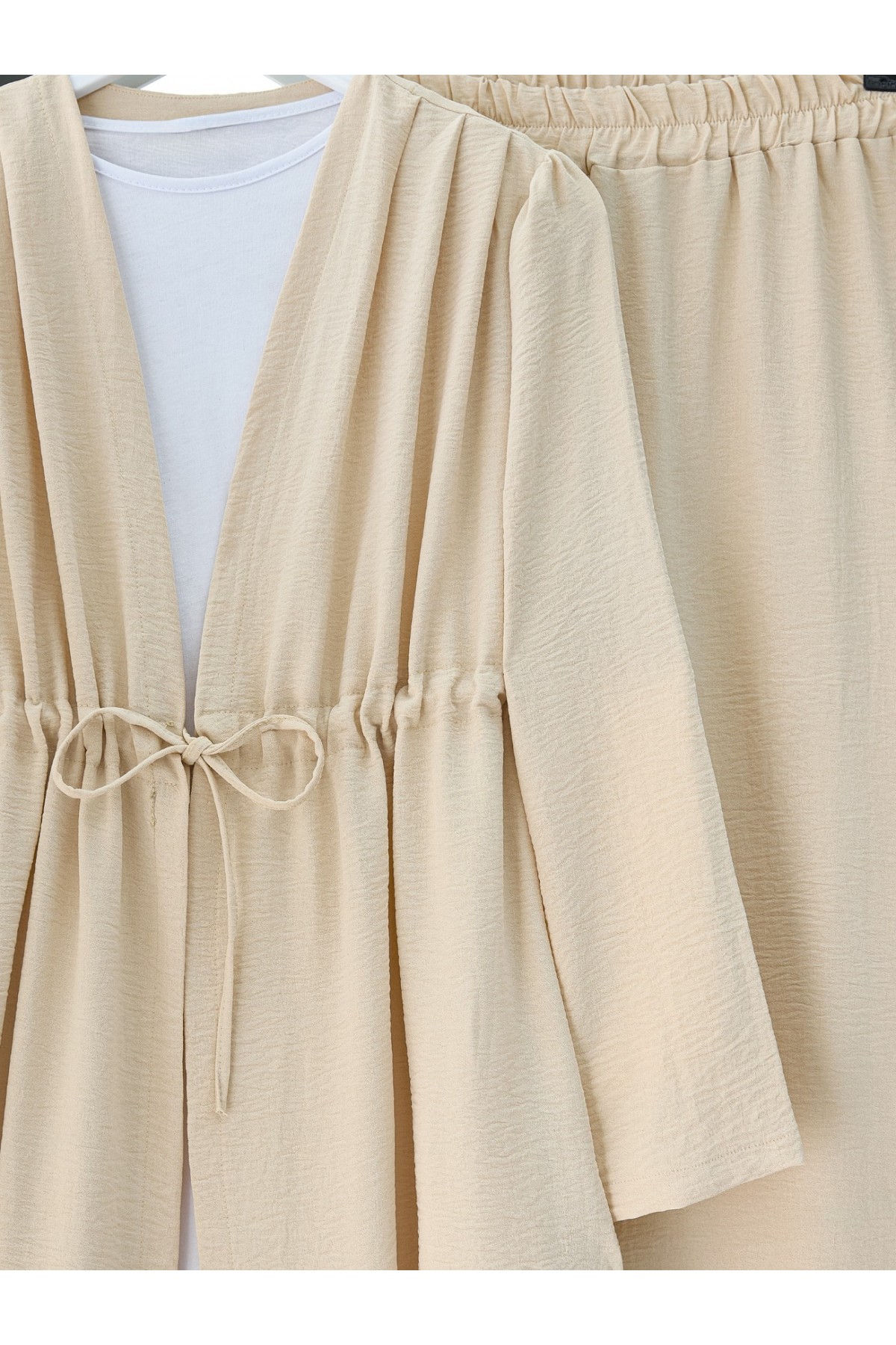 Tünel Bağcıklı Ayrobin Kimono Takım -Bej