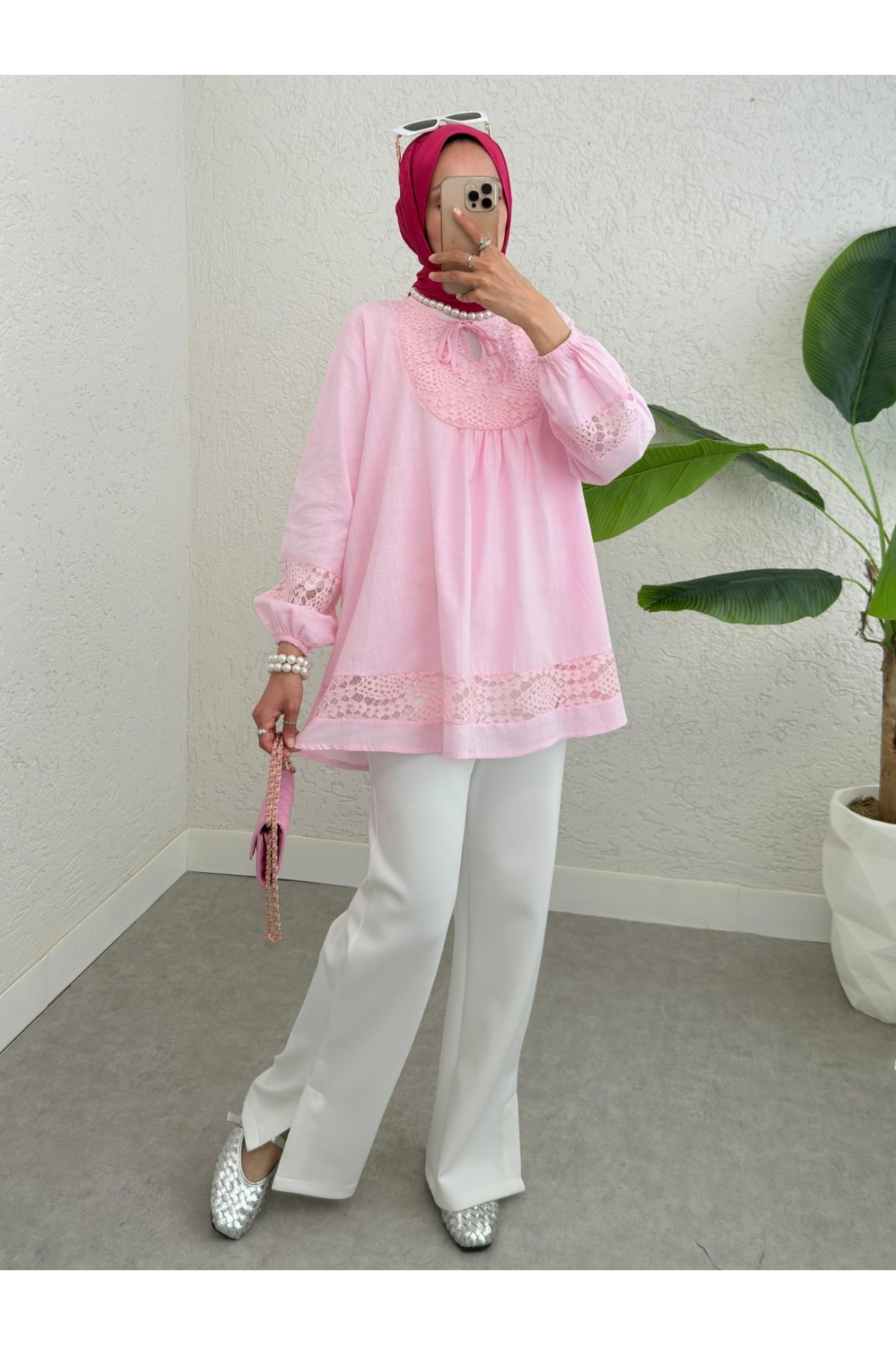 Dantel Detaylı Yakası Bağlamalı Kolu Lastikli Gömlek -Pembe