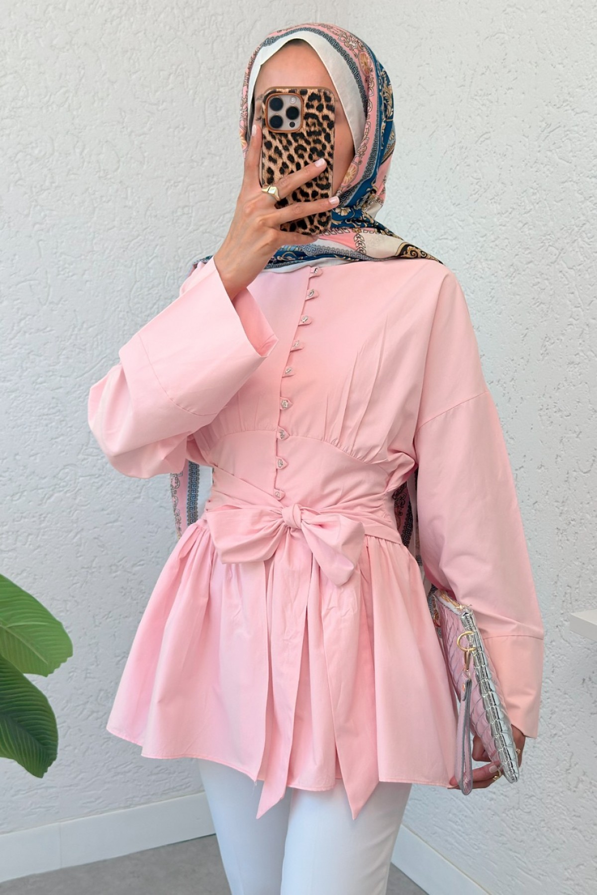 Beli Bağcıklı Boydan Taş Düğmeli Tunik -Pembe