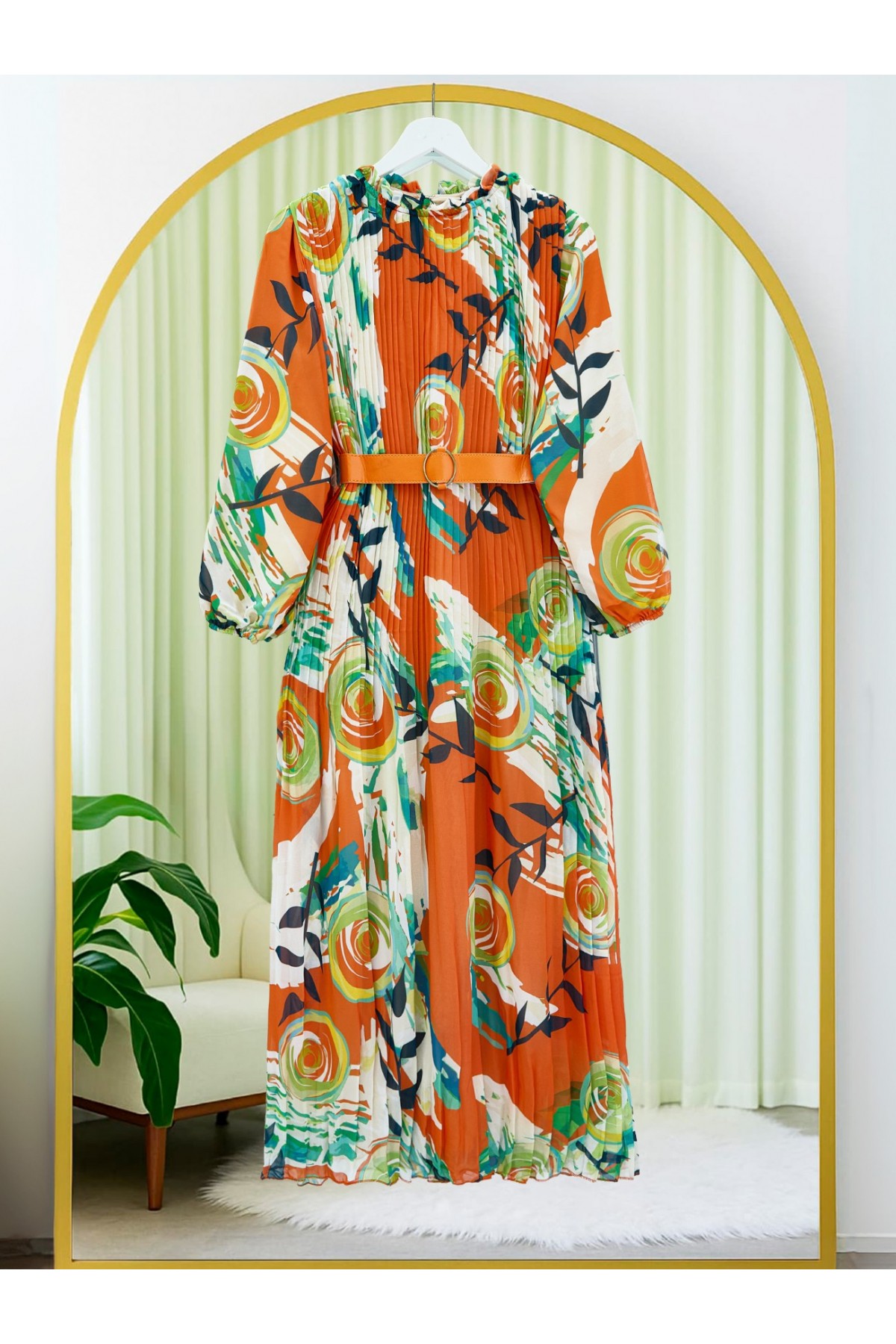 Önü Pileli Kemerli Şifon Elbise -Turuncu