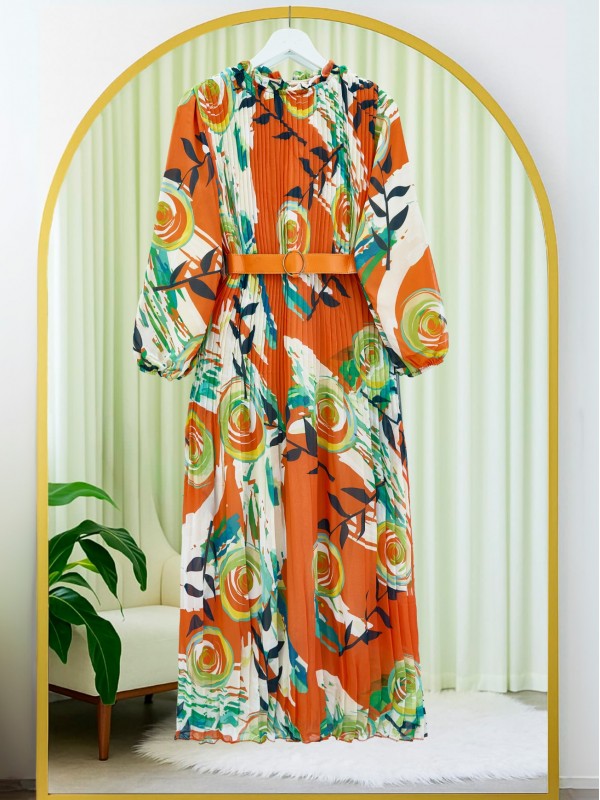 Önü Pileli Kemerli Şifon Elbise -Turuncu