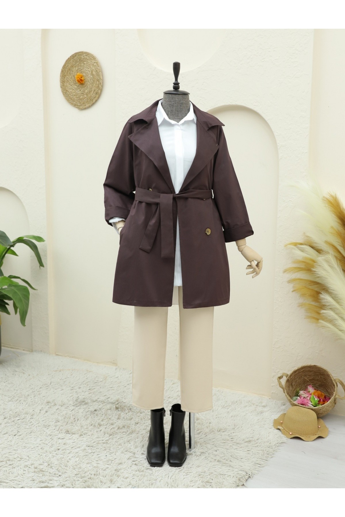 Bolero Detaylı Düğmeli Ara Boy Trençkot -Mürdüm