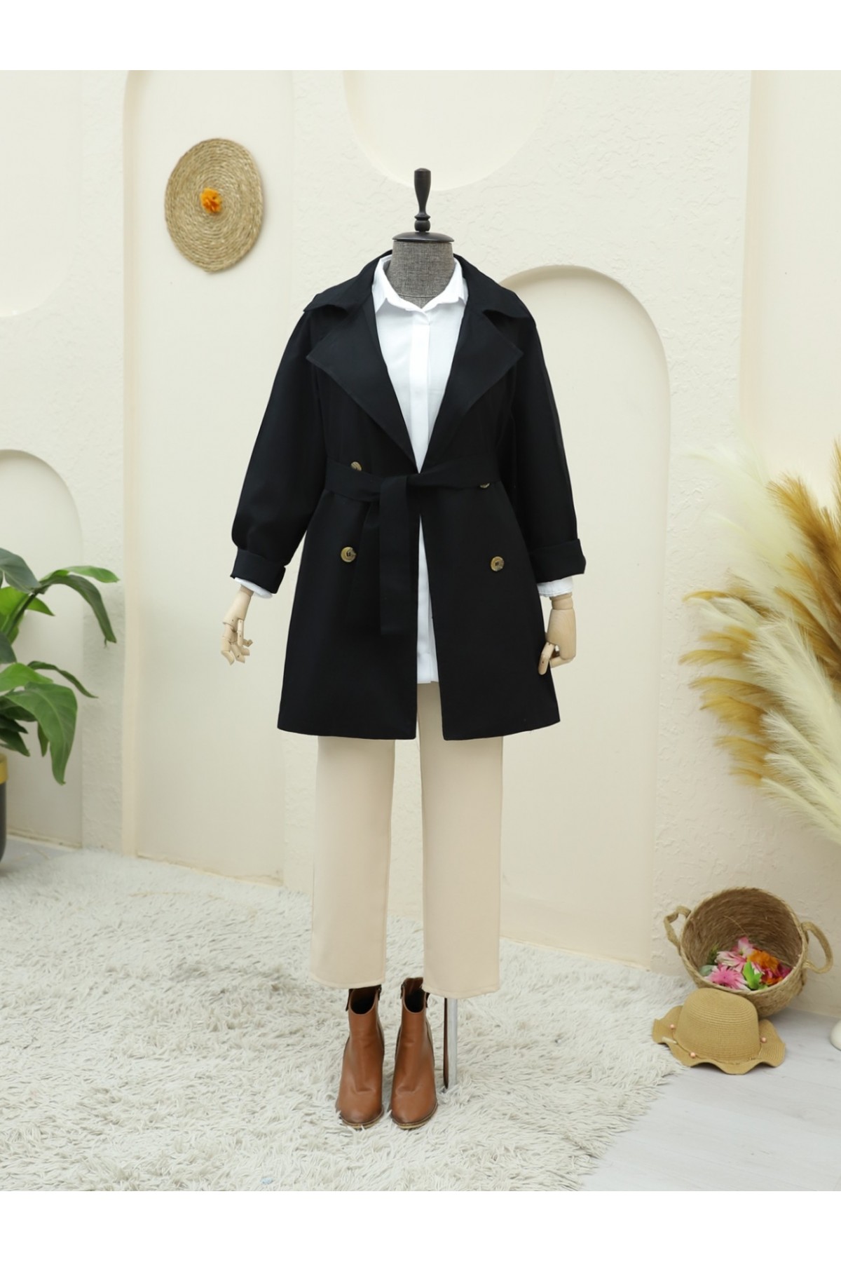 Bolero Detaylı Düğmeli Ara Boy Trençkot -Siyah