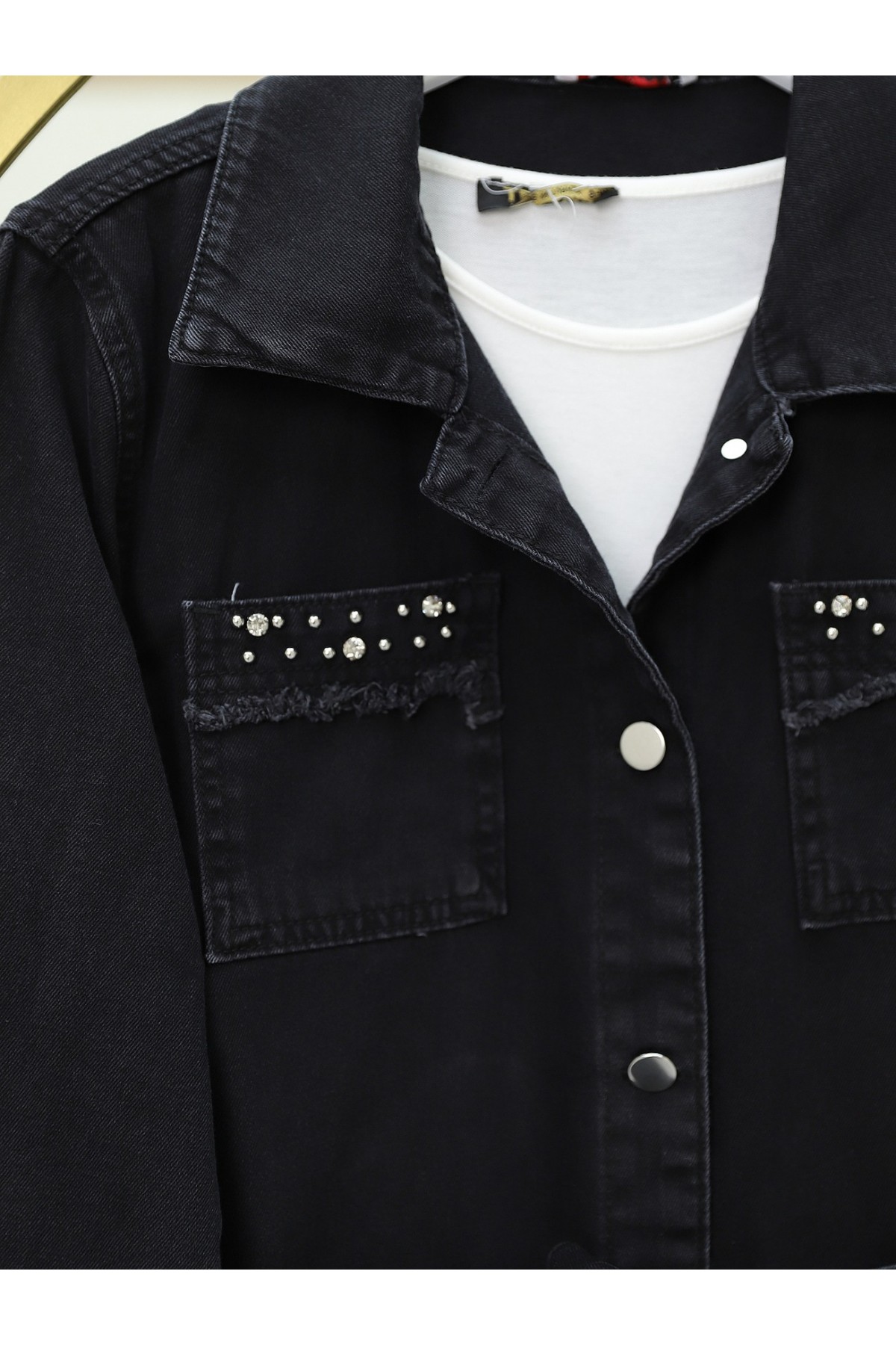 Taş Detaylı Ceket Pantolon Kot Takım -Siyah