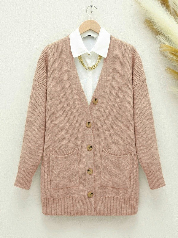 Çift Cepli Yumoş Örgü Hırka  -Somon