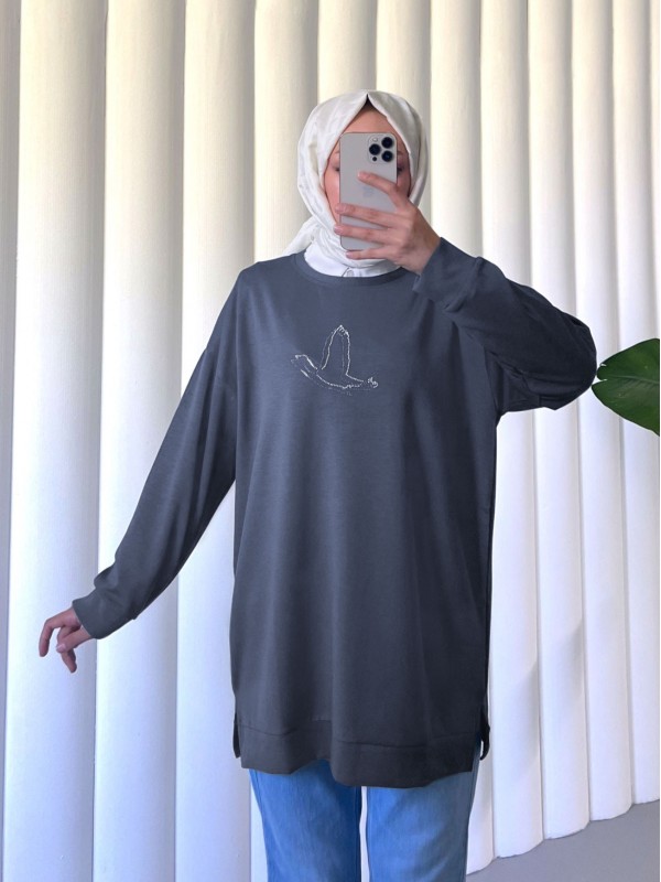 Kuş Desenli Taşlı Oysho Tunik  -Füme