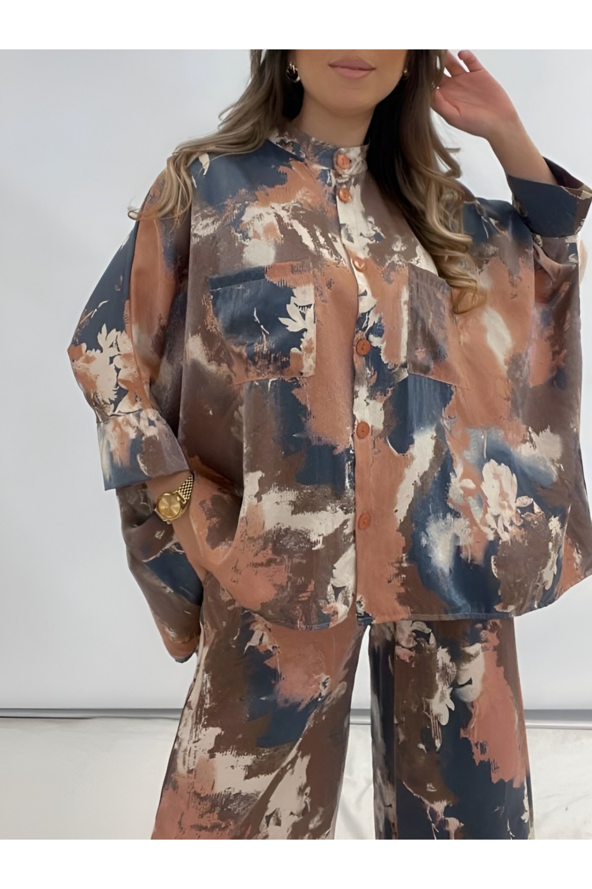 Batik Baskılı Mikro Simli Salaş Takım -Nar Çiçeği