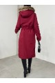 İçi Peluşlu Sabit Kapşonlu Tünel Bağcıklı Uzun Mont  -Bordo