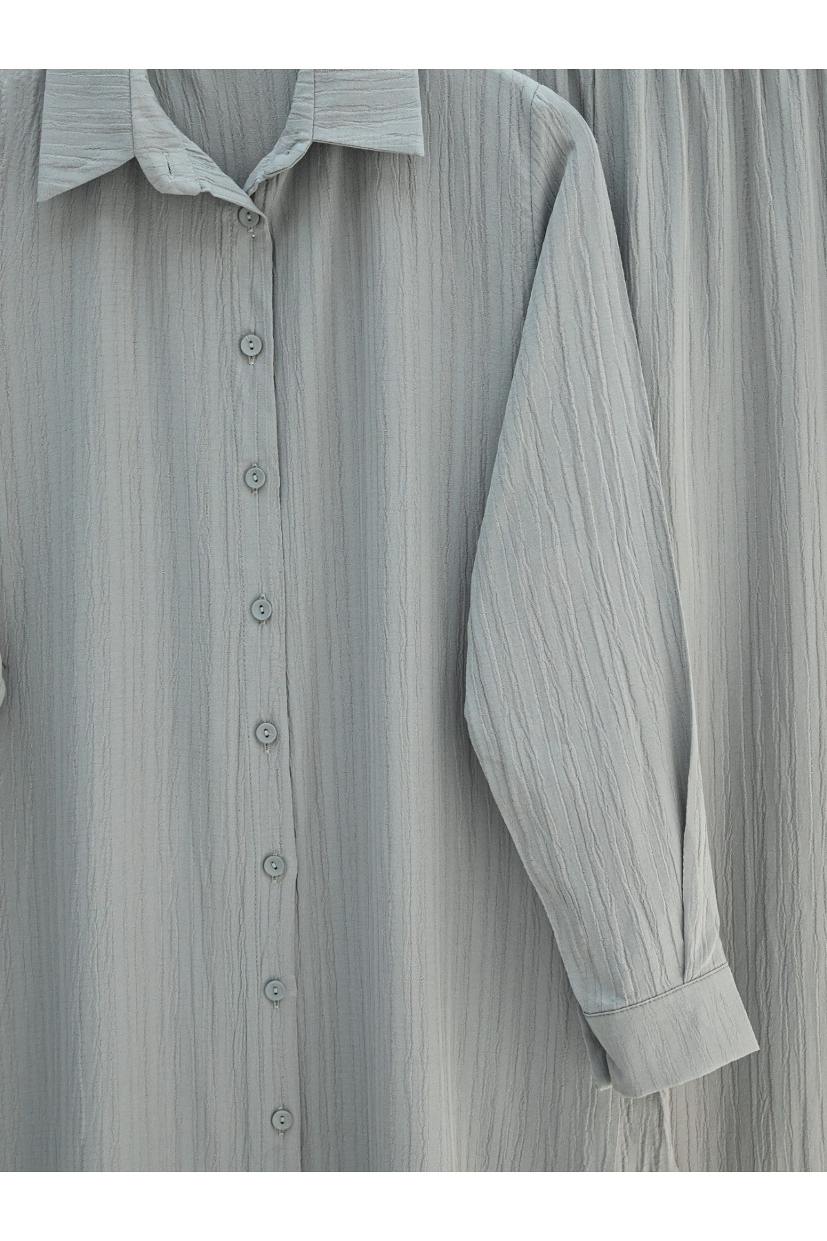 Düğmeli Uzun Pantolonlu Krinkıl Takım  -Gri