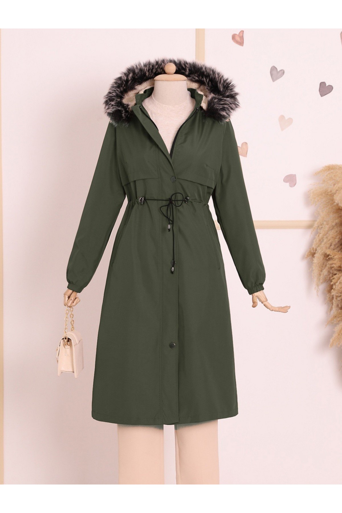 Çıkma Kapşonlu Tünel Bağcıklı Bondit Kaban -Haki