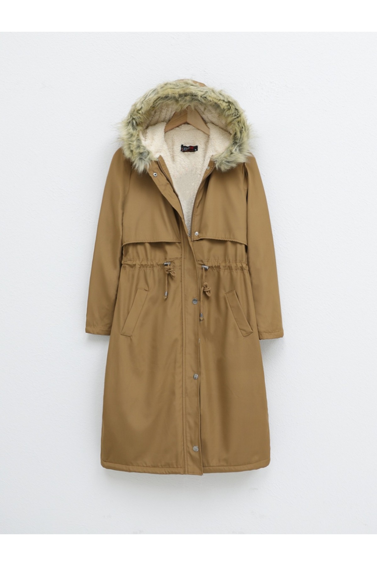 İçi Peluşlu Sabit Kapşonlu Tünel Bağcıklı Uzun Mont  -Taba